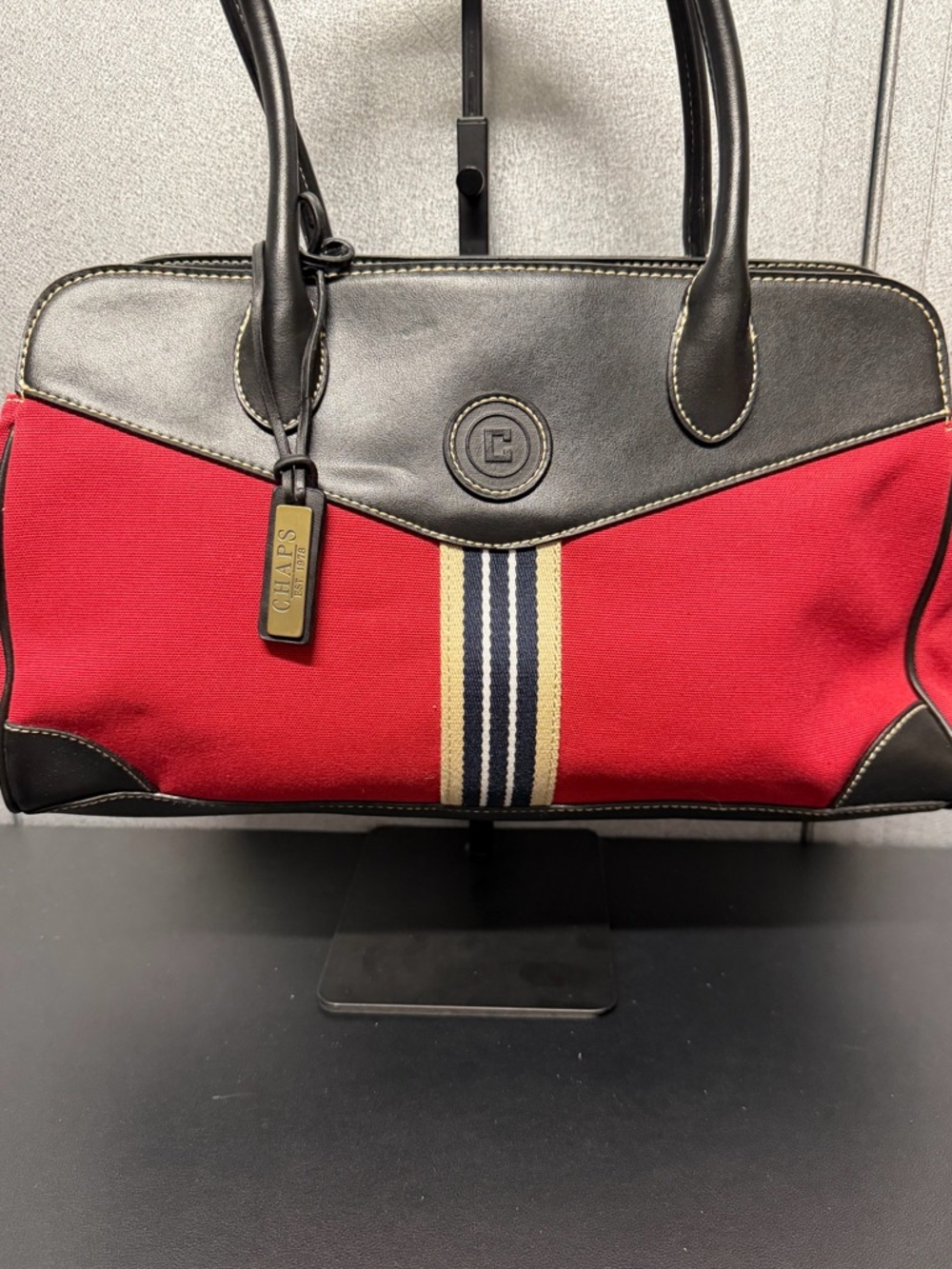 Chaps Red Canvas Shoulder Bag Leather Trim Classic Preppy Y2K